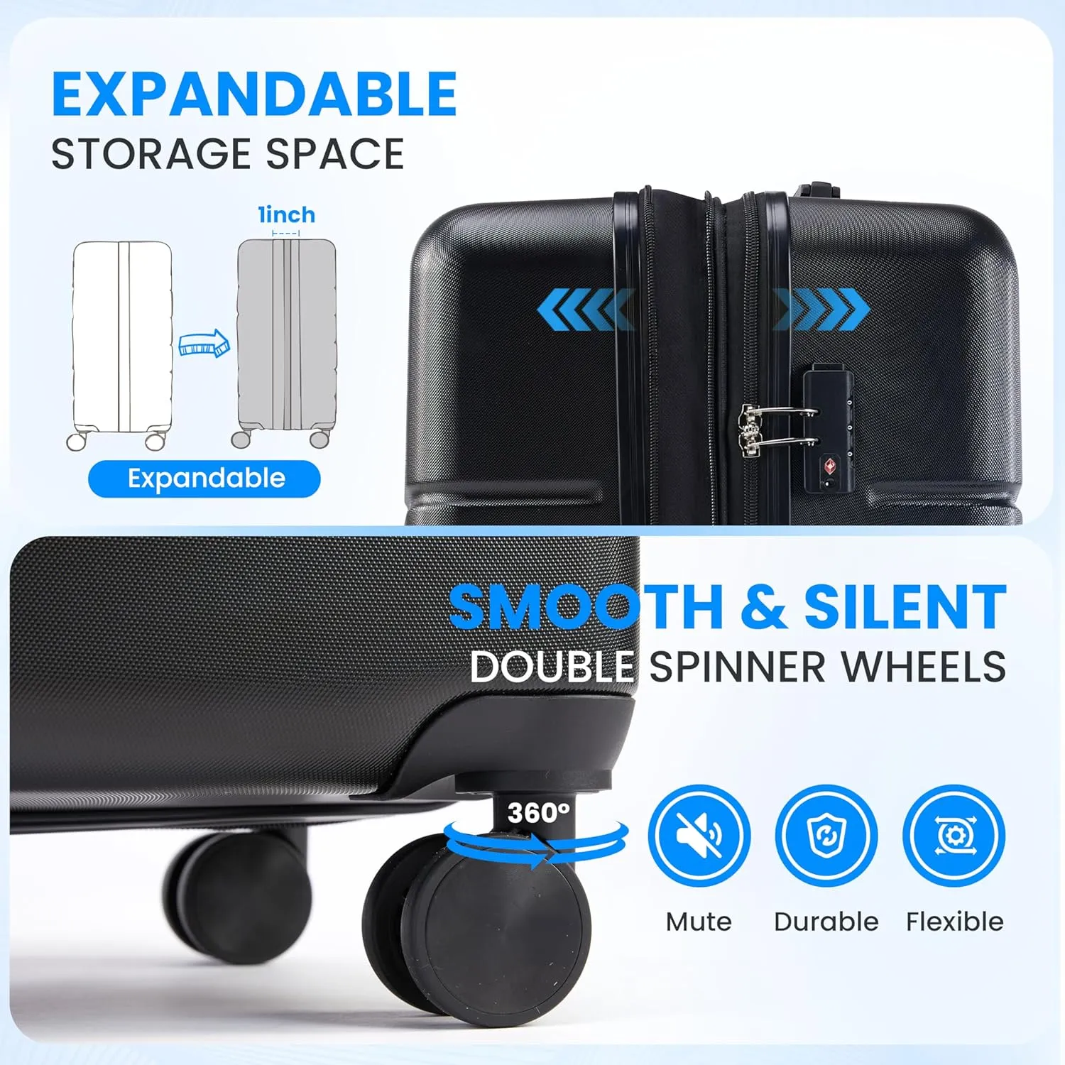 Simple Deluxe 20 Inch Hardside Carry On Luggage, Suitcase with Double Spinner Wheels & TSA Lock, Hard Shell, Expandable Rolling Lightweight, Black
