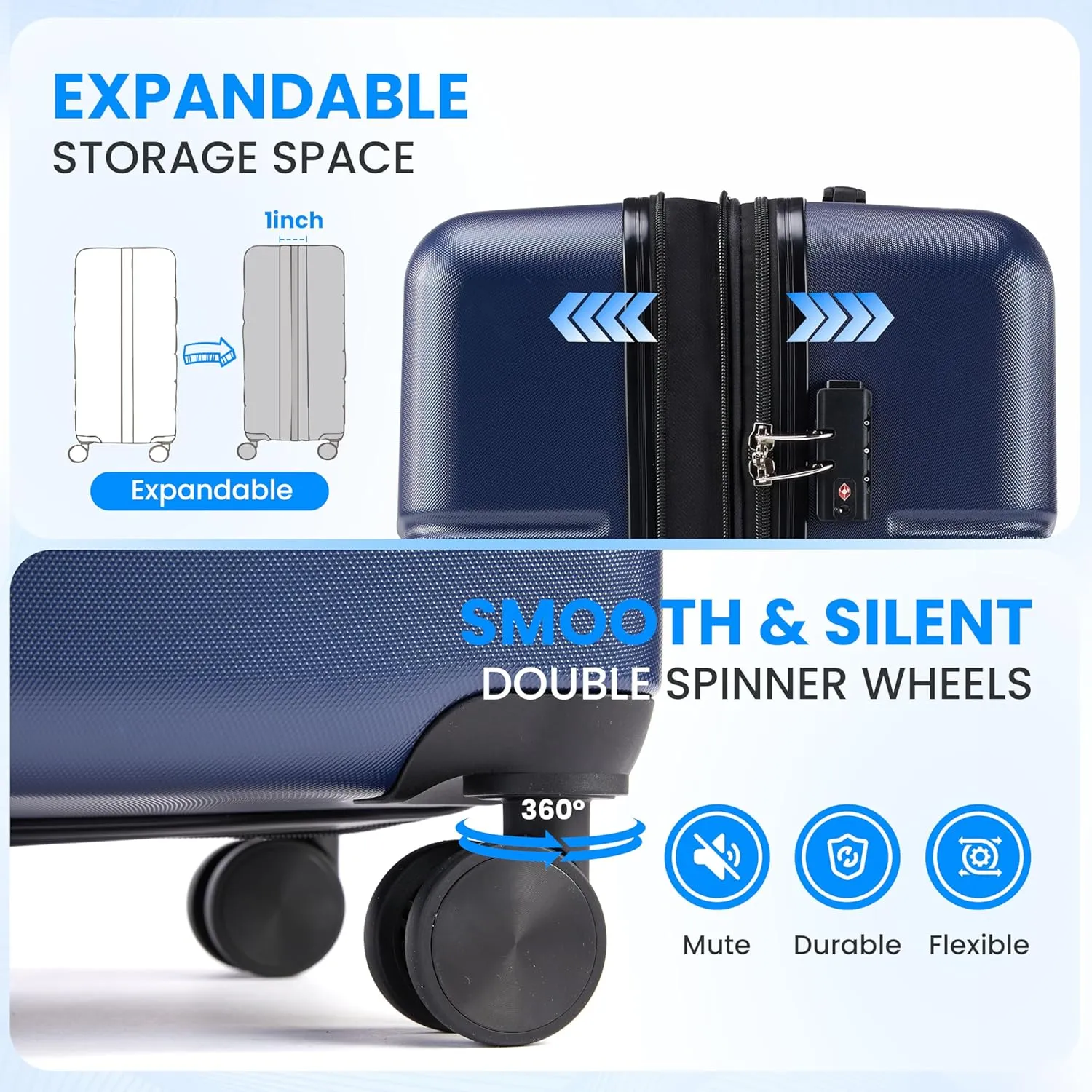 Simple Deluxe 28 Inch Hardside Carry On Luggage, Suitcase with Double Spinner Wheels & TSA Lock, Hard Shell, Expandable Rolling Lightweight, Blue