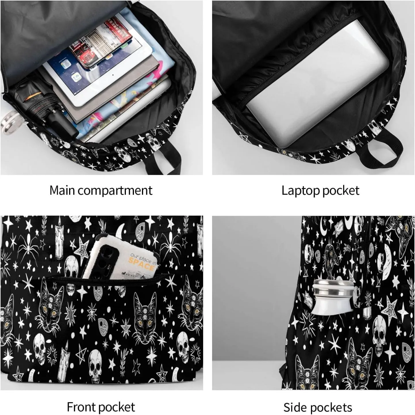 Skeleton Cat Pattern Waterproof Backpack Adjustable Shoulder Straps Bag Large Capacity Casual Daypack Bookbag For Travel Work