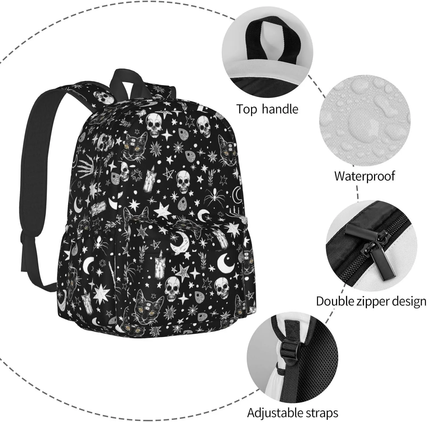 Skeleton Cat Pattern Waterproof Backpack Adjustable Shoulder Straps Bag Large Capacity Casual Daypack Bookbag For Travel Work