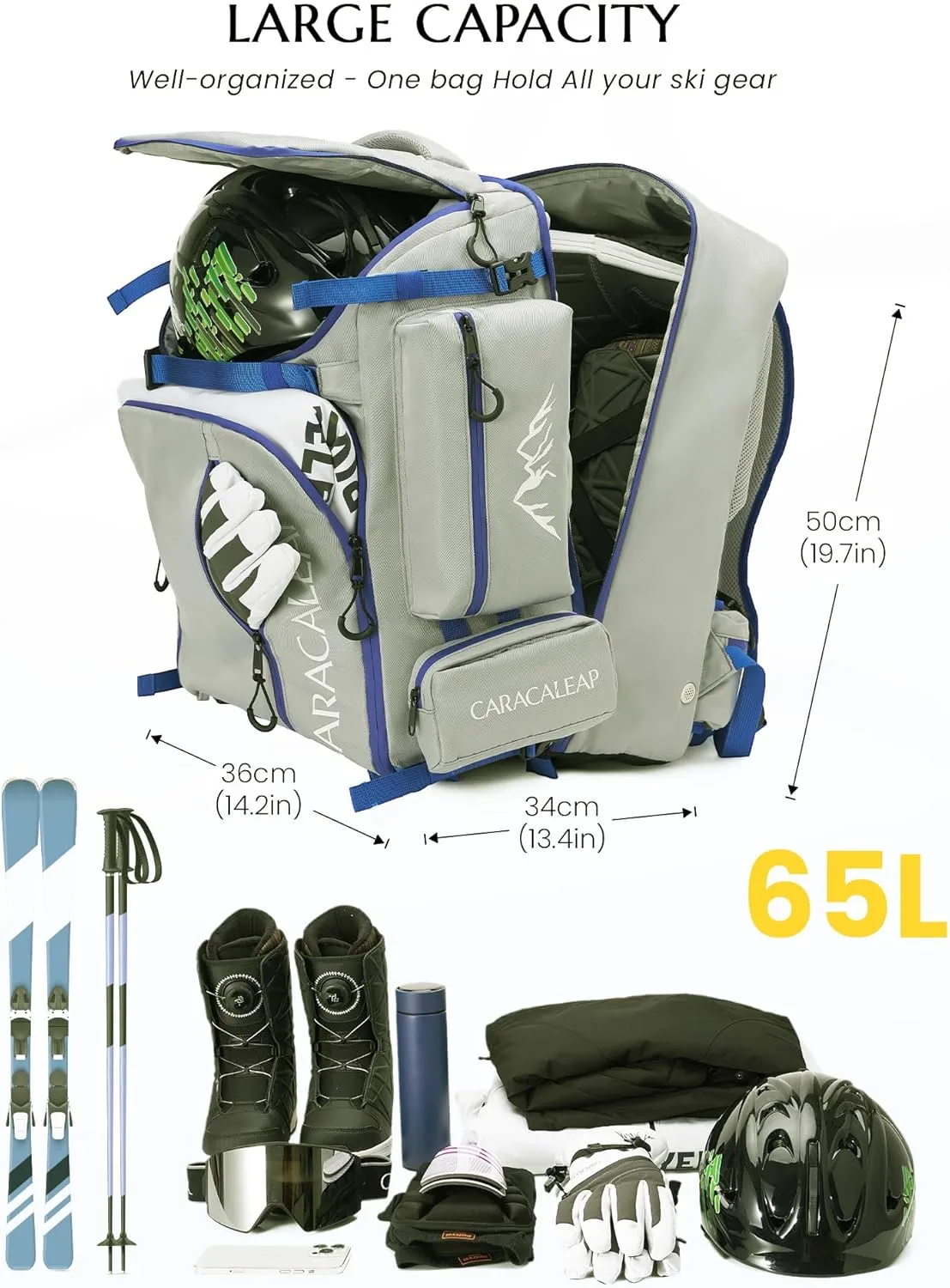 Ski Boots Bag Backpack 61L, Fully Padded Ski Snowboard Gear Bag Travel Backpack for Ski Helmet Goggles Gloves Snowboard, Ski Backpack Water-Resistant Snow Skiing Boots Helmet Travel Bag Durable