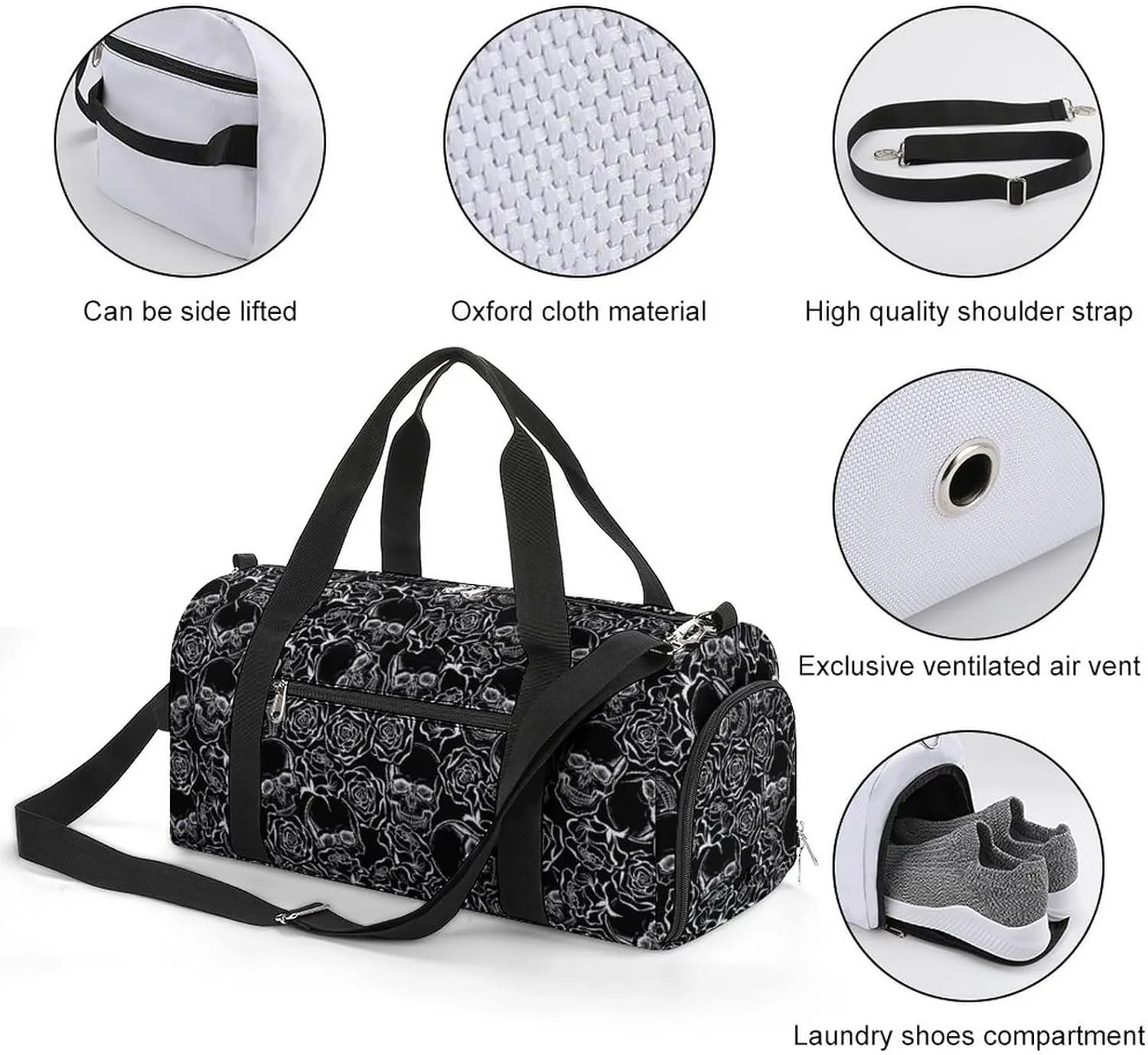 Skull Rose Sport Gym Duffle Travel Bag with Shoe Compartment,Wet Pocket for Men And Women