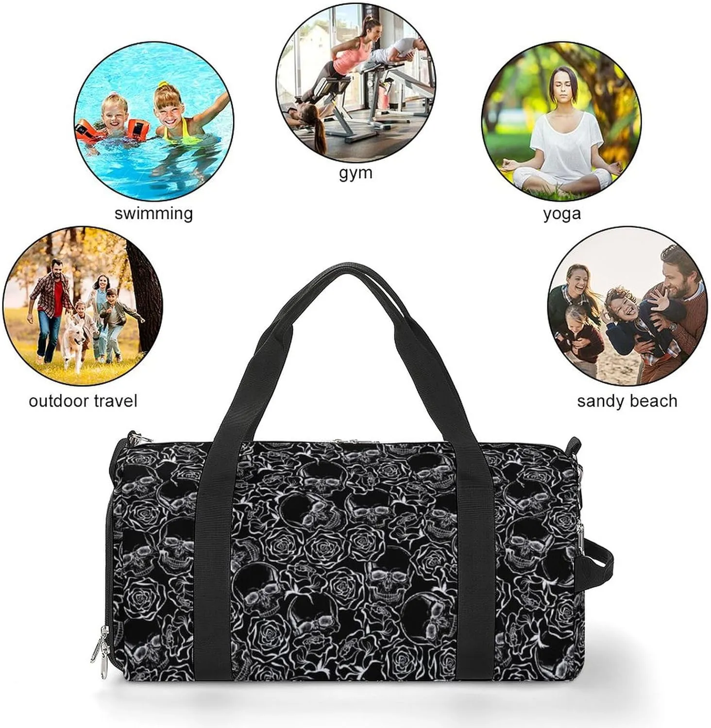 Skull Rose Sport Gym Duffle Travel Bag with Shoe Compartment,Wet Pocket for Men And Women