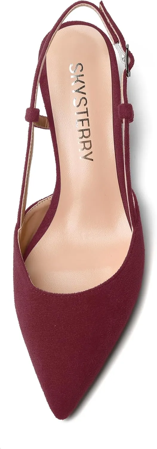 SKYSTERRY Womens Suede Evening Casual Pointed Toe Buckle Slingback Spool Mid Heel Pumps Shoes 2.5 Inch