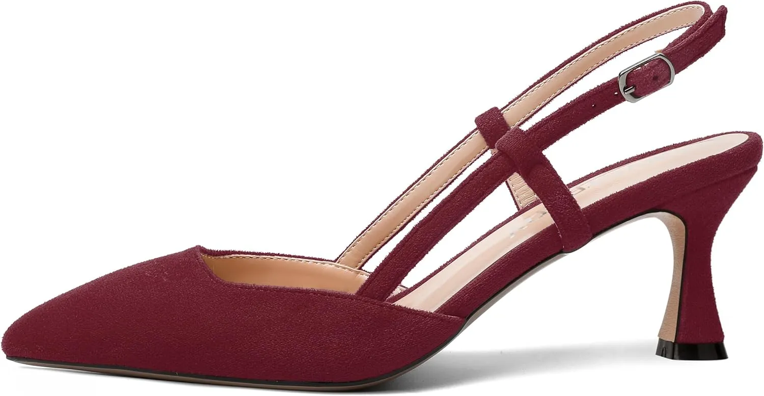 SKYSTERRY Womens Suede Evening Casual Pointed Toe Buckle Slingback Spool Mid Heel Pumps Shoes 2.5 Inch