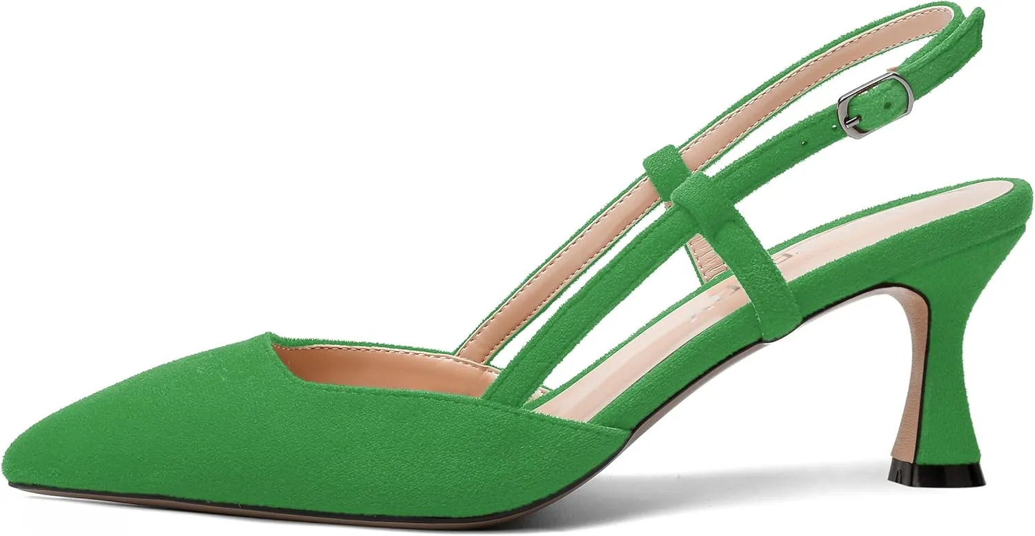 SKYSTERRY Womens Suede Evening Casual Pointed Toe Buckle Slingback Spool Mid Heel Pumps Shoes 2.5 Inch