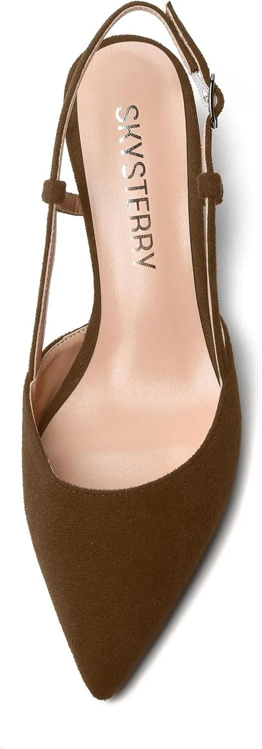 SKYSTERRY Womens Suede Evening Casual Pointed Toe Buckle Slingback Spool Mid Heel Pumps Shoes 2.5 Inch
