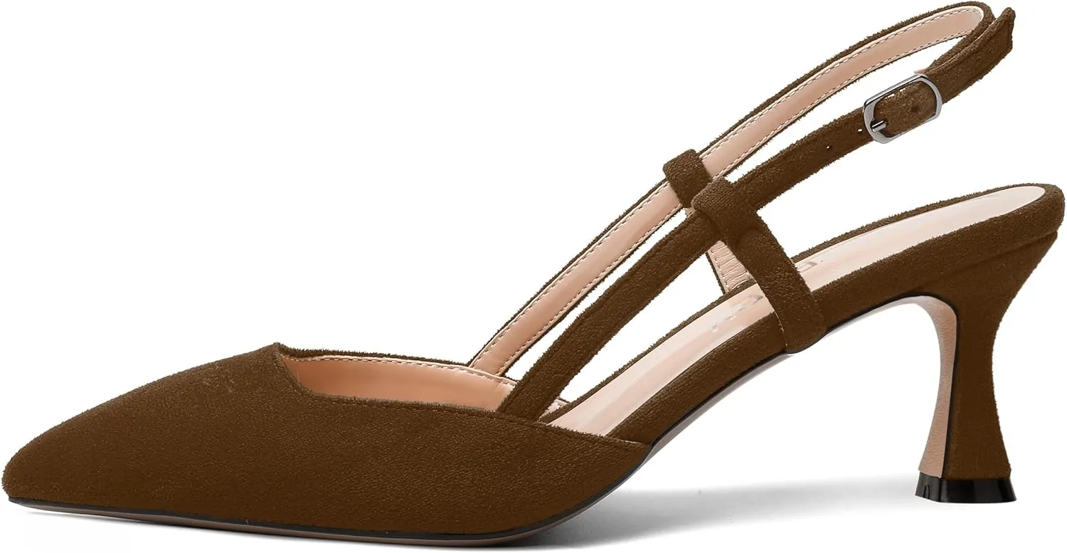 SKYSTERRY Womens Suede Evening Casual Pointed Toe Buckle Slingback Spool Mid Heel Pumps Shoes 2.5 Inch