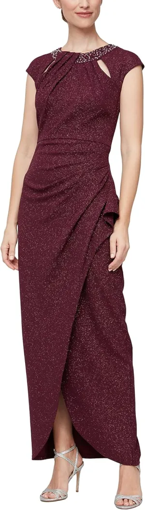 S.L. Fashions Women's Cap Sleeve Long Dress Keyhole Neck Flattering Ruched Waist