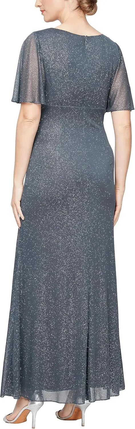 S.L. Fashions Women's Formal Long Glitter Mesh Stretch Embellished Waist, Mother of Bride Dress, (Petite and Regular Sizes)