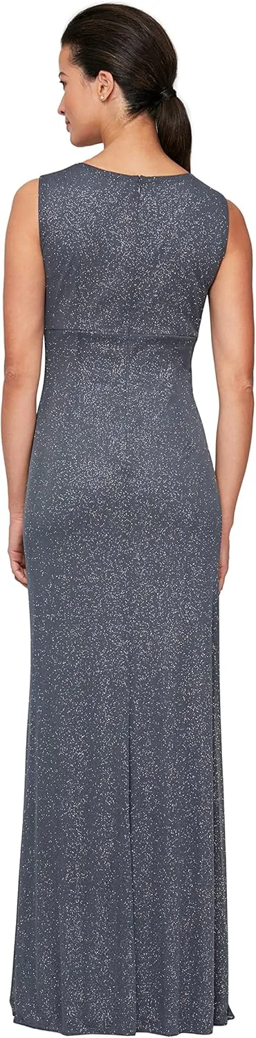 S.L. Fashions Women's Long Glitter Mesh Sleeveless Dress With Embellished Waist and Shawl