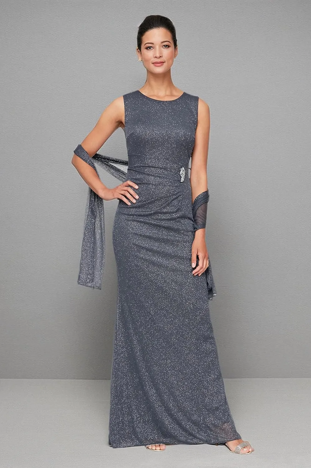 S.L. Fashions Women's Long Glitter Mesh Sleeveless Dress With Embellished Waist and Shawl