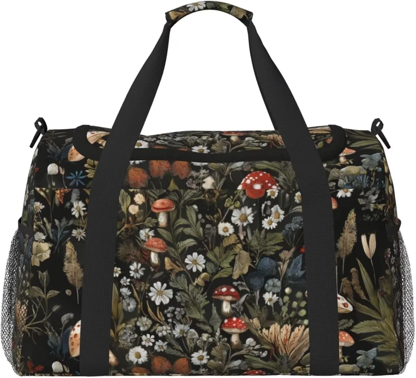 Small Duffel Bags Vintage Mushroom Print Travel Bag for Men Women, Duffle Bag & Gym Bag Weekender Overnight Bag Carry on Bags Cute Green Boho Floral Daisy Big Gym Bag
