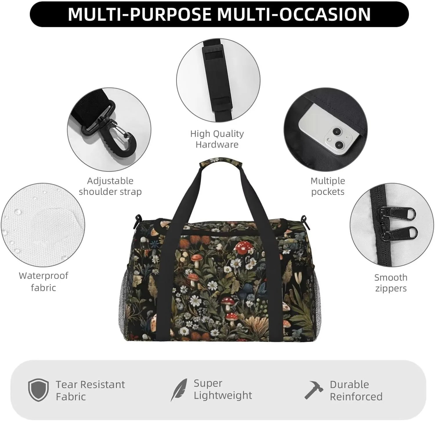 Small Duffel Bags Vintage Mushroom Print Travel Bag for Men Women, Duffle Bag & Gym Bag Weekender Overnight Bag Carry on Bags Cute Green Boho Floral Daisy Big Gym Bag