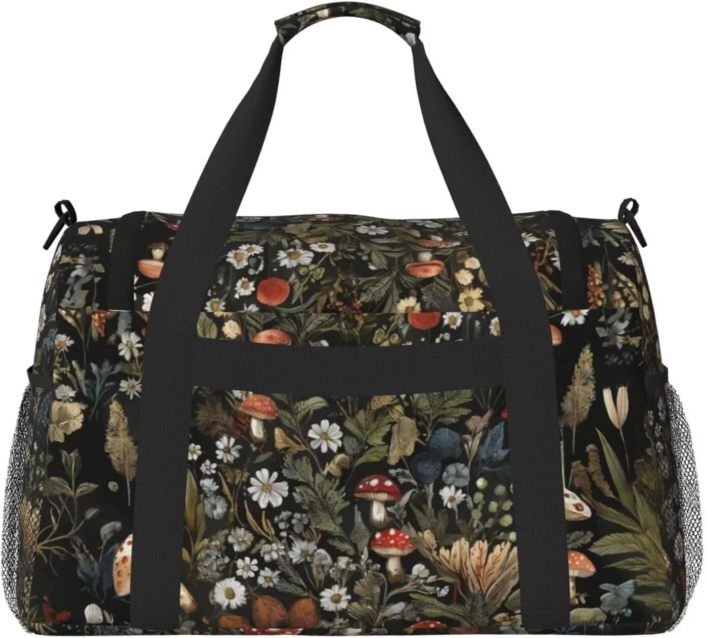 Small Duffel Bags Vintage Mushroom Print Travel Bag for Men Women, Duffle Bag & Gym Bag Weekender Overnight Bag Carry on Bags Cute Green Boho Floral Daisy Big Gym Bag