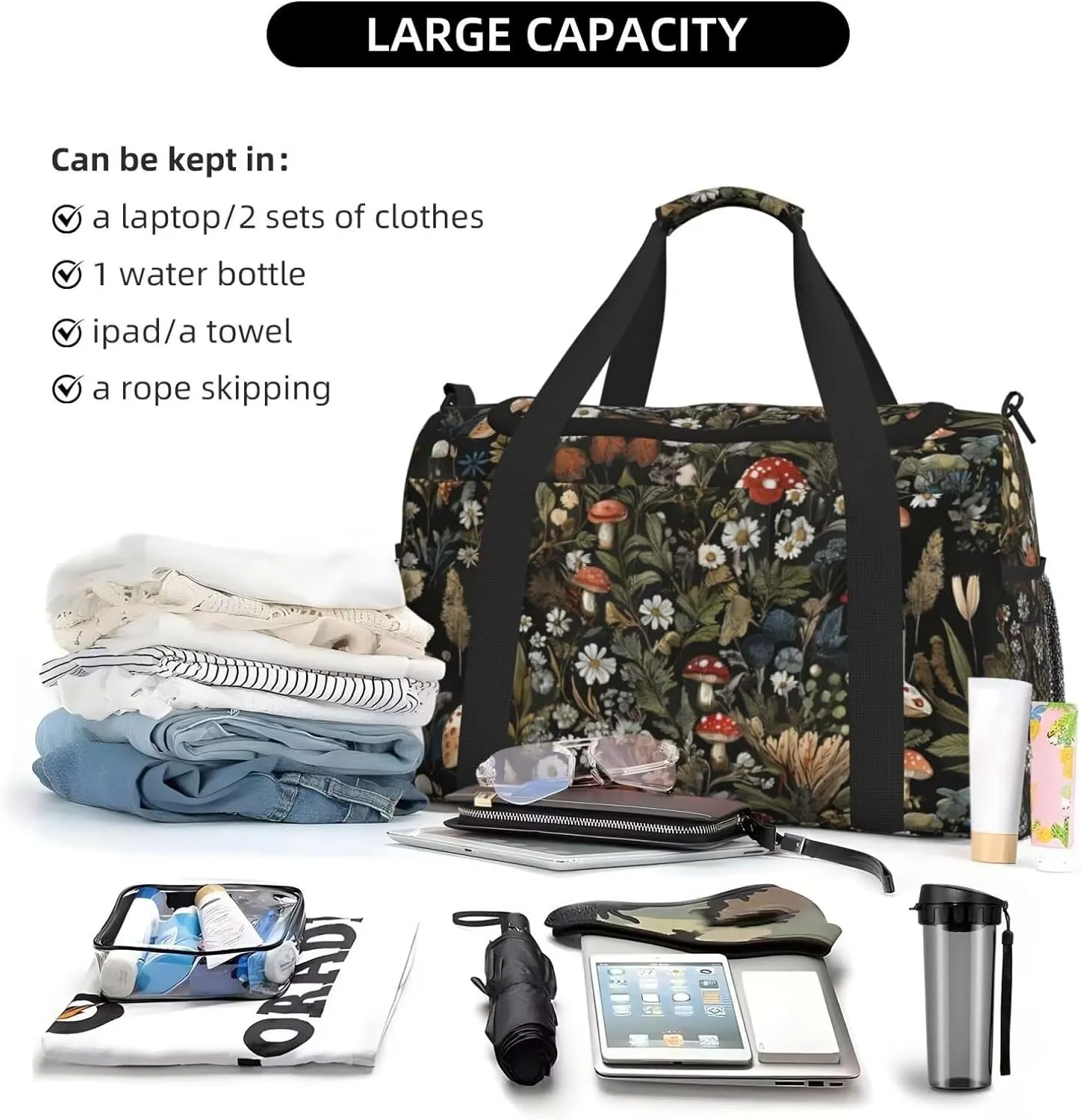 Small Duffel Bags Vintage Mushroom Print Travel Bag for Men Women, Duffle Bag & Gym Bag Weekender Overnight Bag Carry on Bags Cute Green Boho Floral Daisy Big Gym Bag