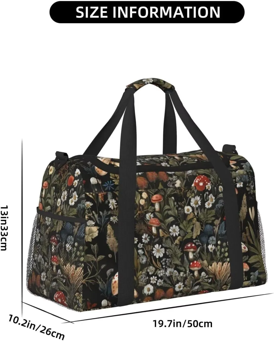 Small Duffel Bags Vintage Mushroom Print Travel Bag for Men Women, Duffle Bag & Gym Bag Weekender Overnight Bag Carry on Bags Cute Green Boho Floral Daisy Big Gym Bag