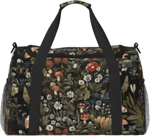Small Duffel Bags Vintage Mushroom Print Travel Bag for Men Women, Duffle Bag & Gym Bag Weekender Overnight Bag Carry on Bags Cute Green Boho Floral Daisy Big Gym Bag