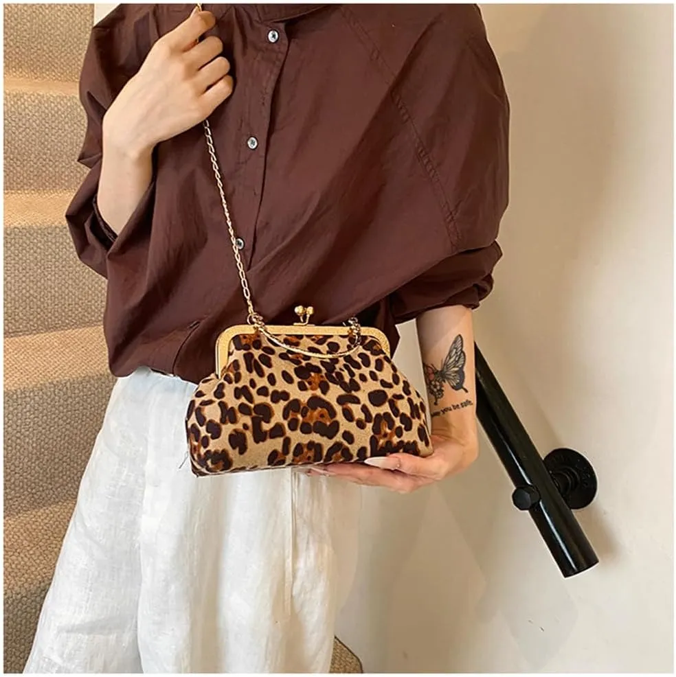 Small Leopard Suede Evening Clutch Purse with Chain Cheetah Print Kiss Lock Evening Tote Handbag and Purse Clutch Bag