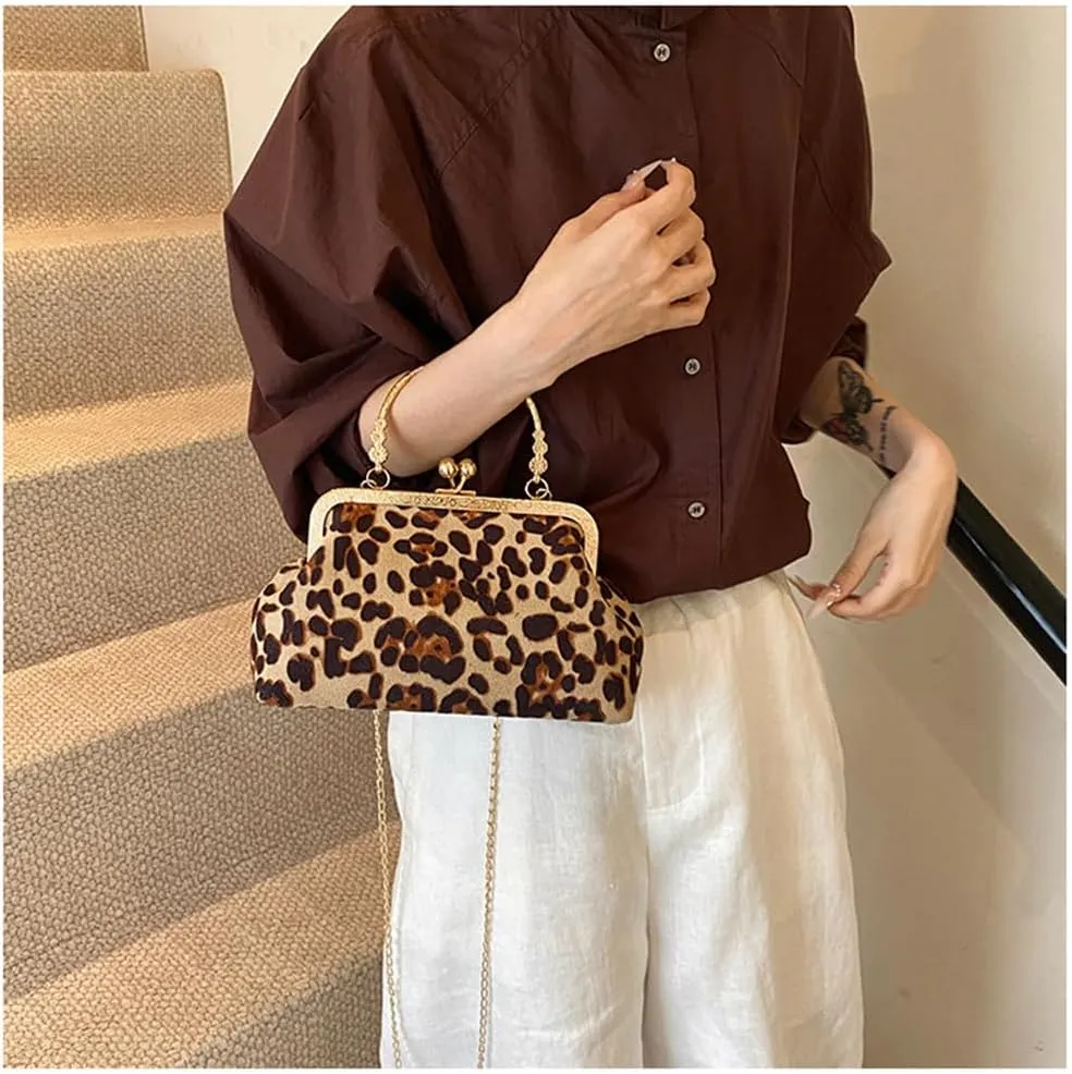 Small Leopard Suede Evening Clutch Purse with Chain Cheetah Print Kiss Lock Evening Tote Handbag and Purse Clutch Bag
