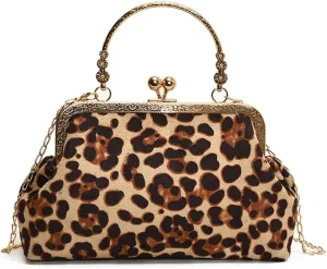 Small Leopard Suede Evening Clutch Purse with Chain Cheetah Print Kiss Lock Evening Tote Handbag and Purse Clutch Bag
