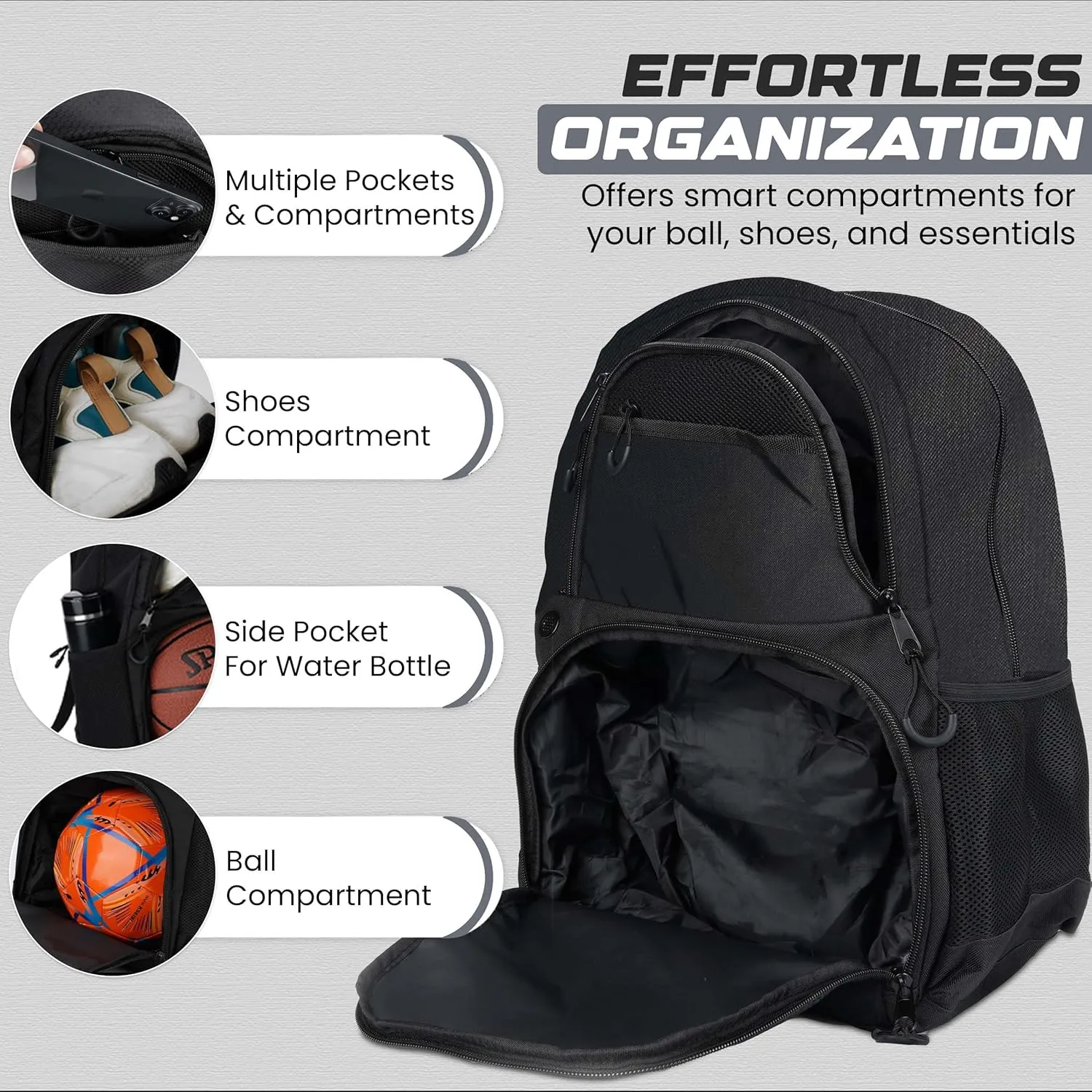 Soccer & Basketball Sports Bag with Ball Pump - Basketball Backpack with Separate Ball & Shoes Holder Compartment, Soccer Basketball Football & Volleyball Bag with Large Capacity