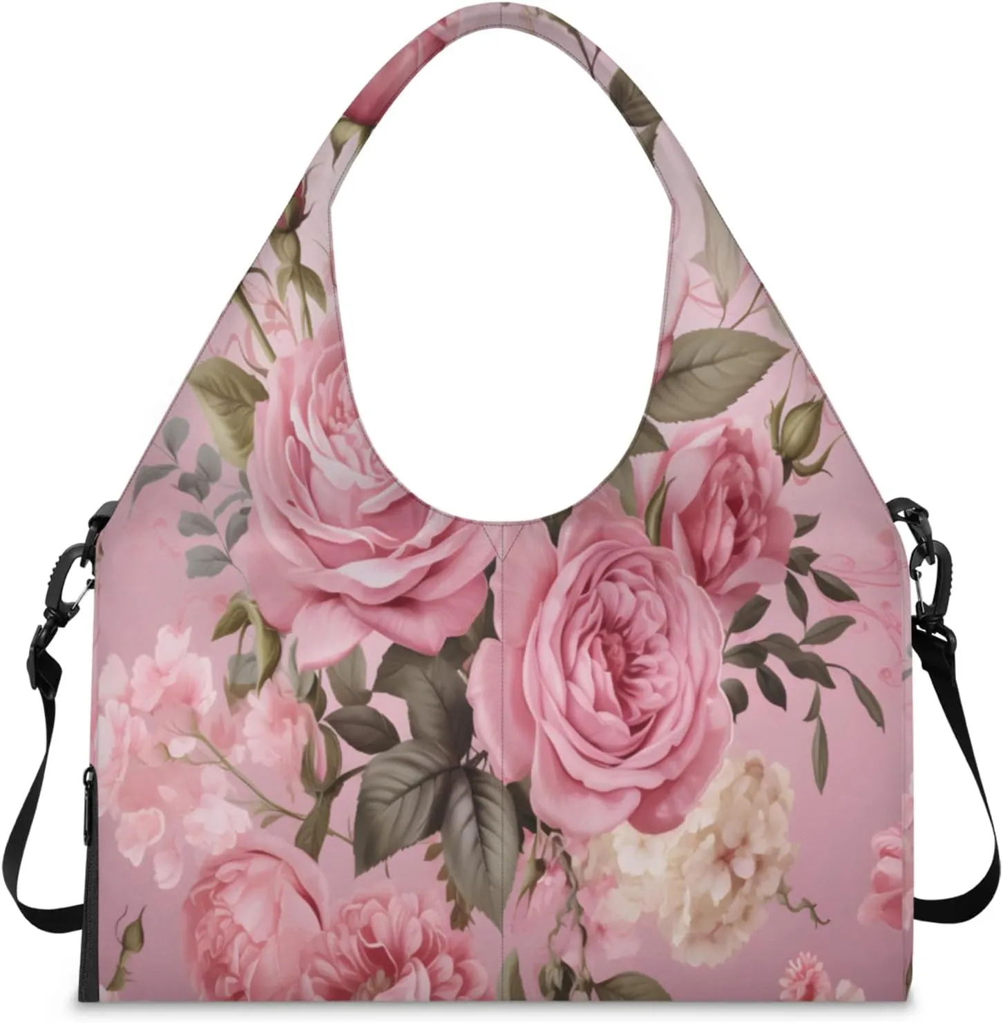 Soft Pink Rose Bouquet Waterproof Gym Bag for Men Women, Sports Duffel Bag with Shoe Compartment Yoga Mat Holder, Portable Large Travel Bag for Fitness, Camping, Weekend Trips