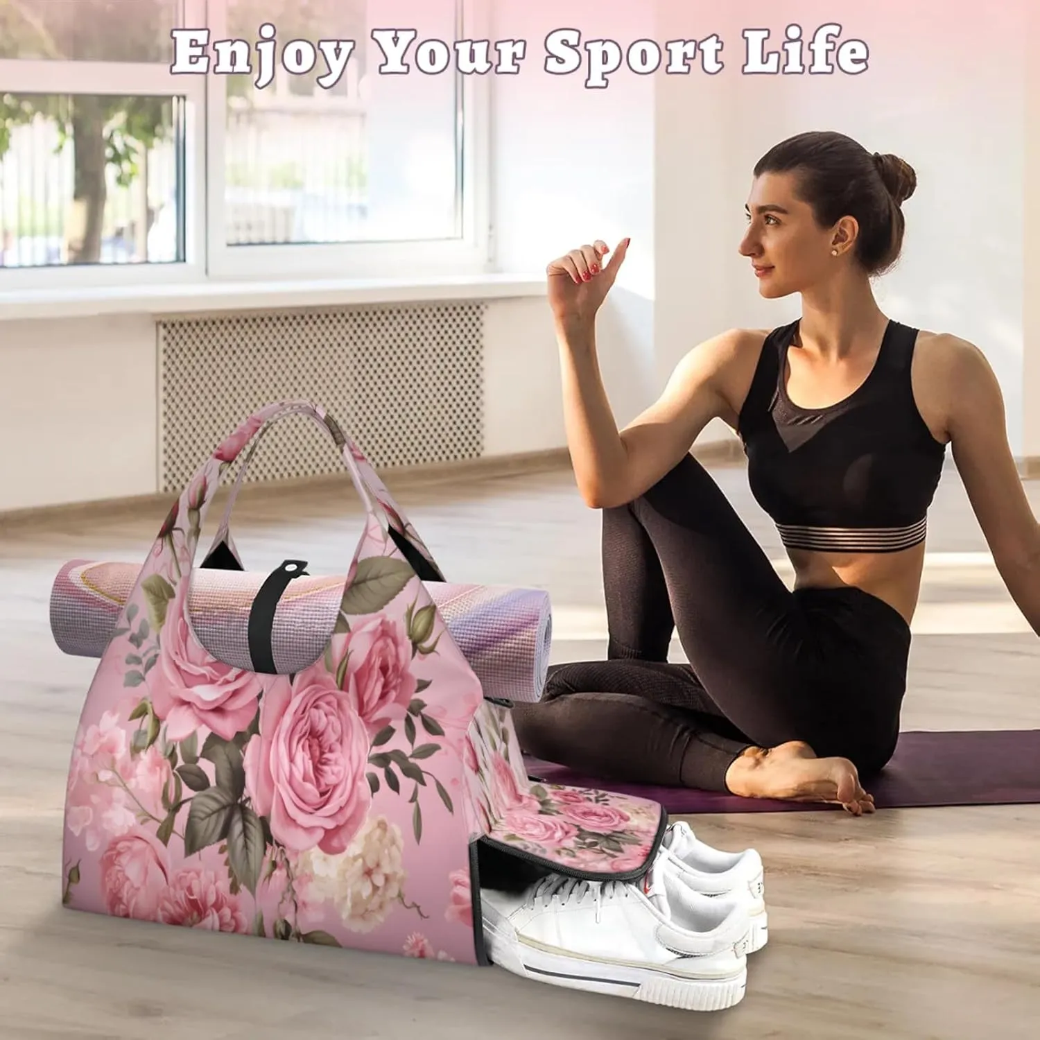 Soft Pink Rose Bouquet Waterproof Gym Bag for Men Women, Sports Duffel Bag with Shoe Compartment Yoga Mat Holder, Portable Large Travel Bag for Fitness, Camping, Weekend Trips