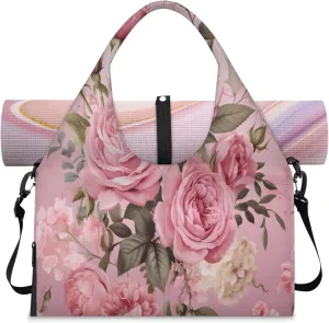 Soft Pink Rose Bouquet Waterproof Gym Bag for Men Women, Sports Duffel Bag with Shoe Compartment Yoga Mat Holder, Portable Large Travel Bag for Fitness, Camping, Weekend Trips