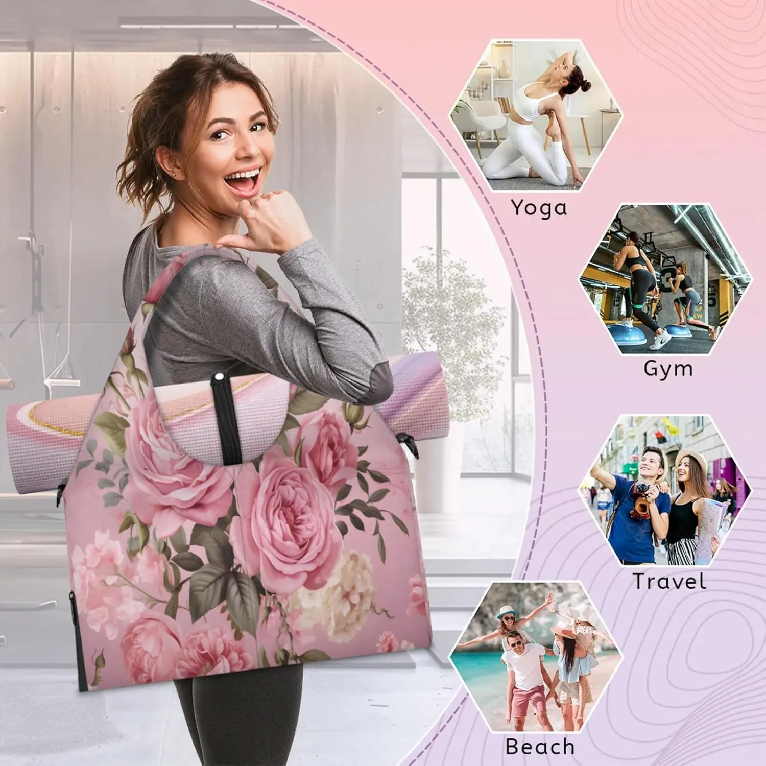 Soft Pink Rose Bouquet Waterproof Gym Bag for Men Women, Sports Duffel Bag with Shoe Compartment Yoga Mat Holder, Portable Large Travel Bag for Fitness, Camping, Weekend Trips