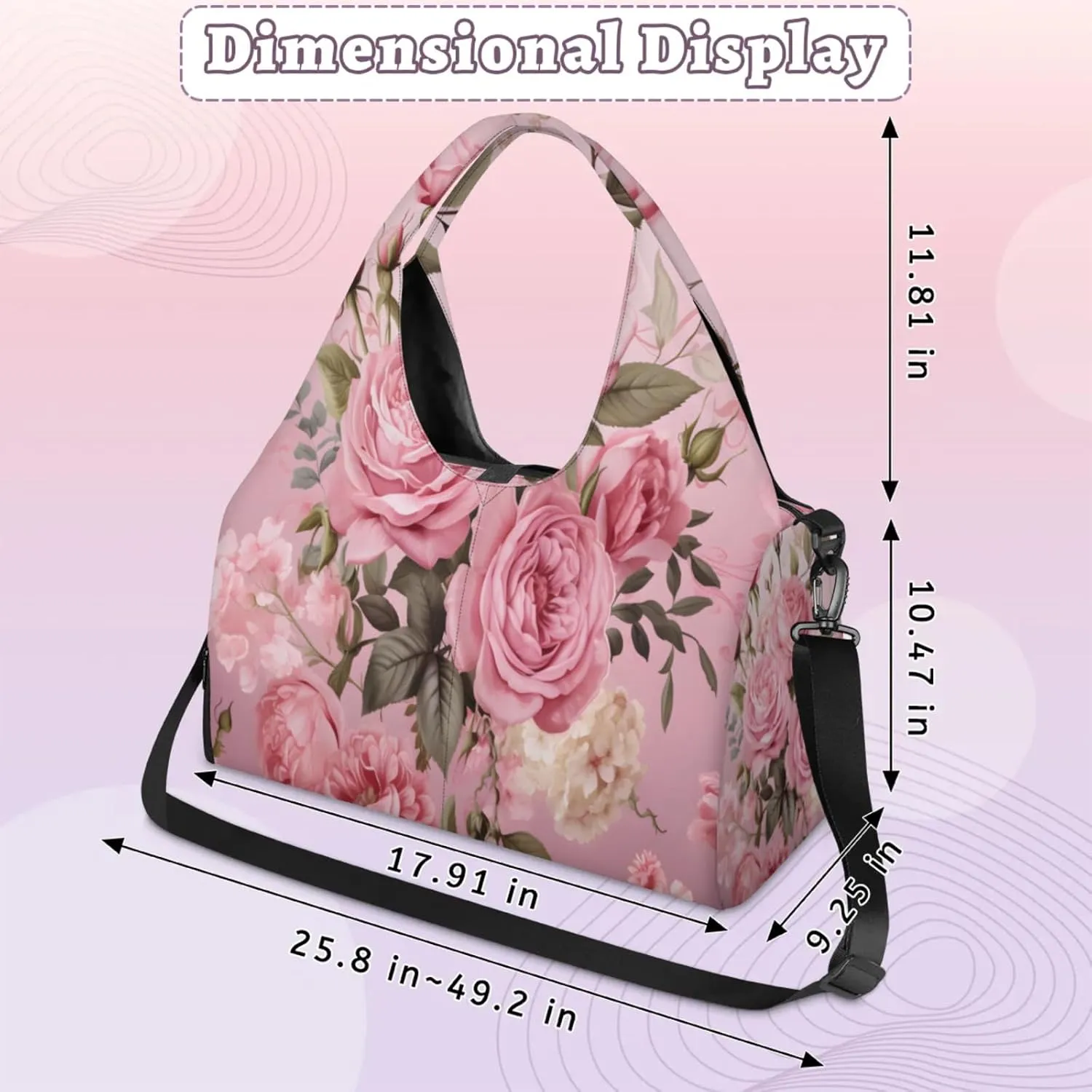 Soft Pink Rose Bouquet Waterproof Gym Bag for Men Women, Sports Duffel Bag with Shoe Compartment Yoga Mat Holder, Portable Large Travel Bag for Fitness, Camping, Weekend Trips