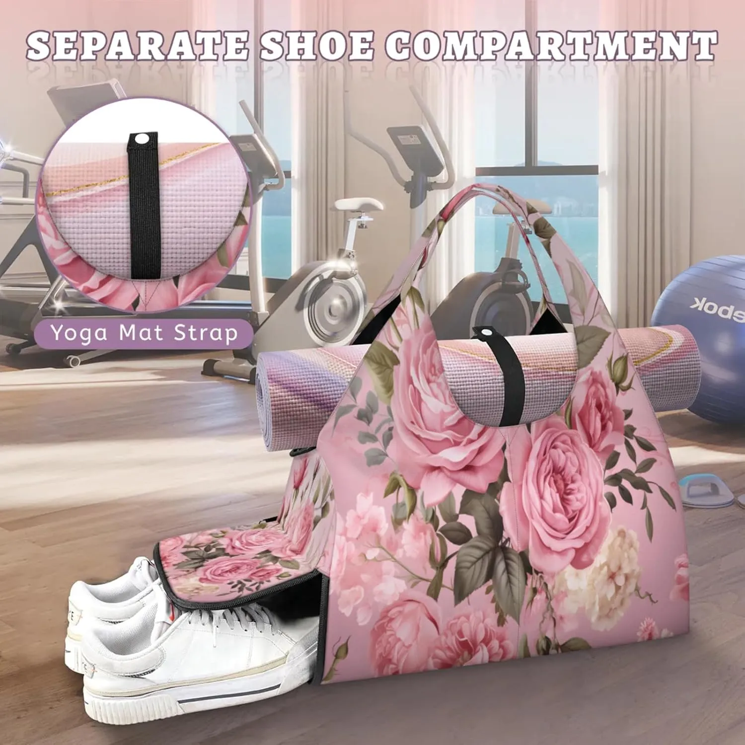 Soft Pink Rose Bouquet Waterproof Gym Bag for Men Women, Sports Duffel Bag with Shoe Compartment Yoga Mat Holder, Portable Large Travel Bag for Fitness, Camping, Weekend Trips