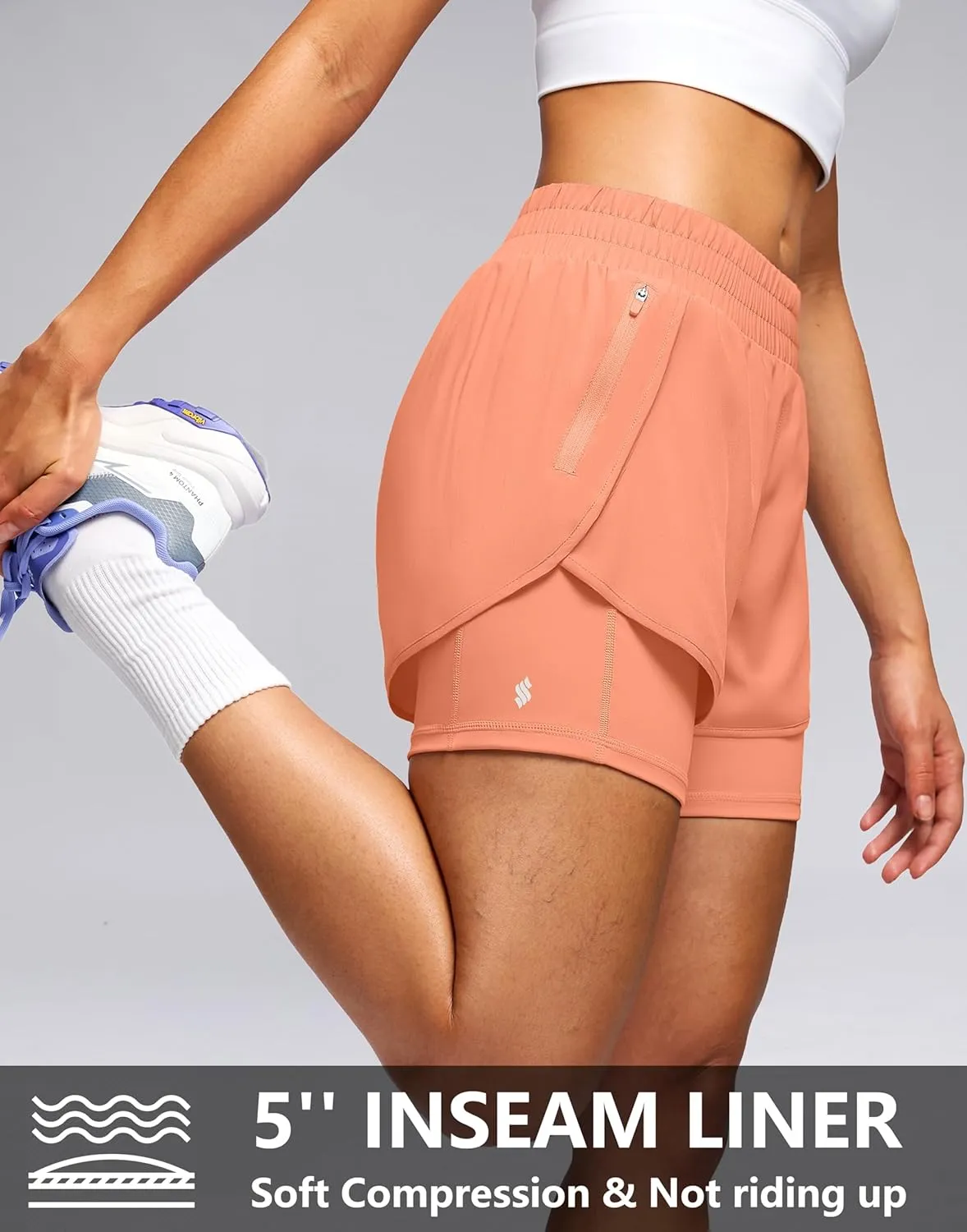 Soothfeel Women's 2 in 1 Athletic Running Shorts with Liner Zipper Pocket 5" High Waisted Gym Workout Tennis Shorts for Women