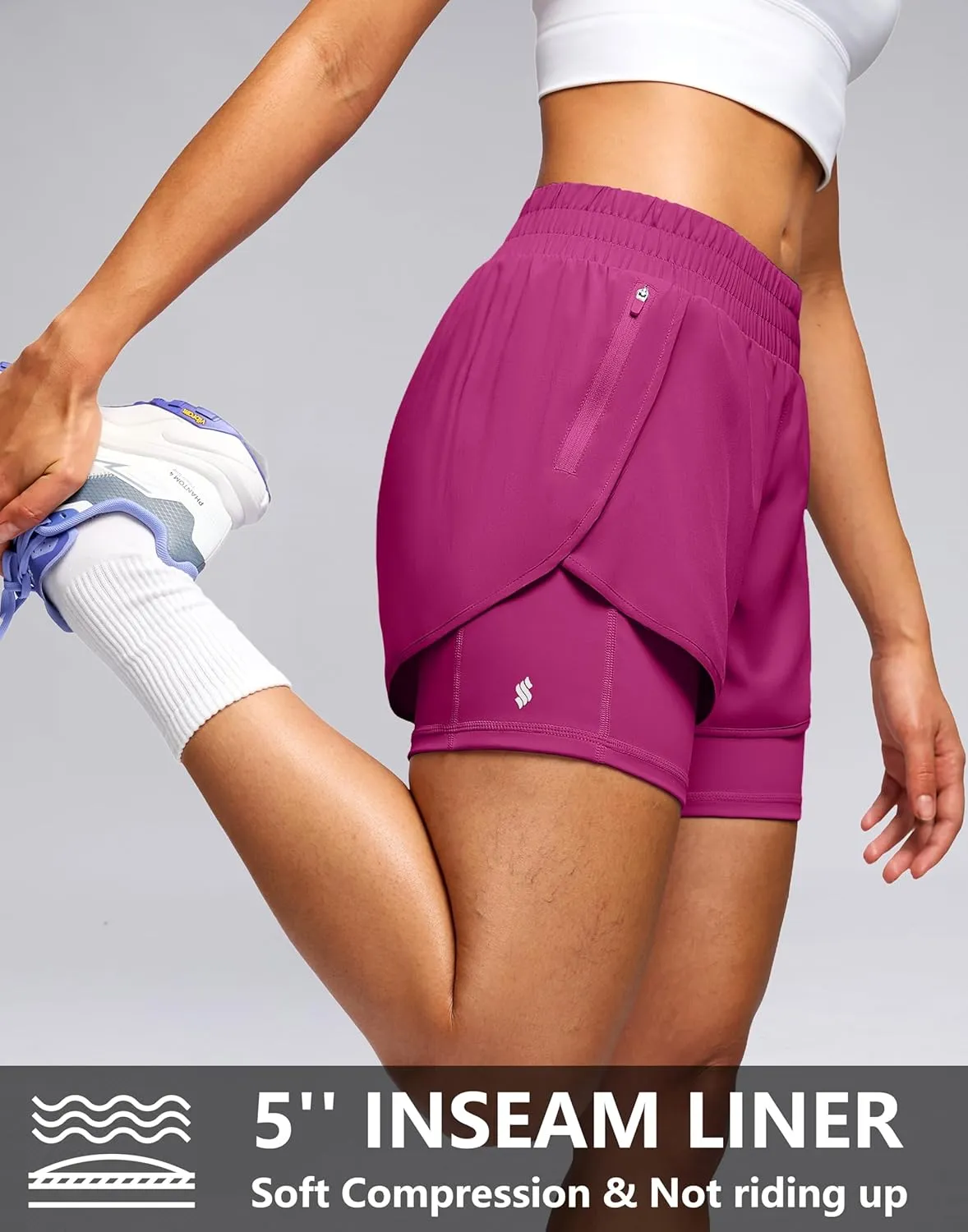 Soothfeel Women's 2 in 1 Athletic Running Shorts with Liner Zipper Pocket 5" High Waisted Gym Workout Tennis Shorts for Women