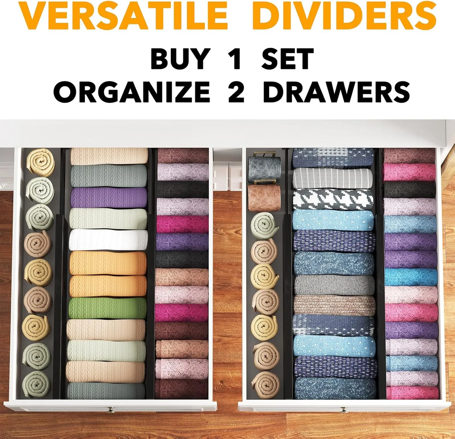 SpaceAid Bamboo 4 Pack Dresser Drawer Dividers, 4.65“ High Adjustable 17“-22” Drawer Organizers, Expandable Organization for Clothing, Clothes, Dressers, Black