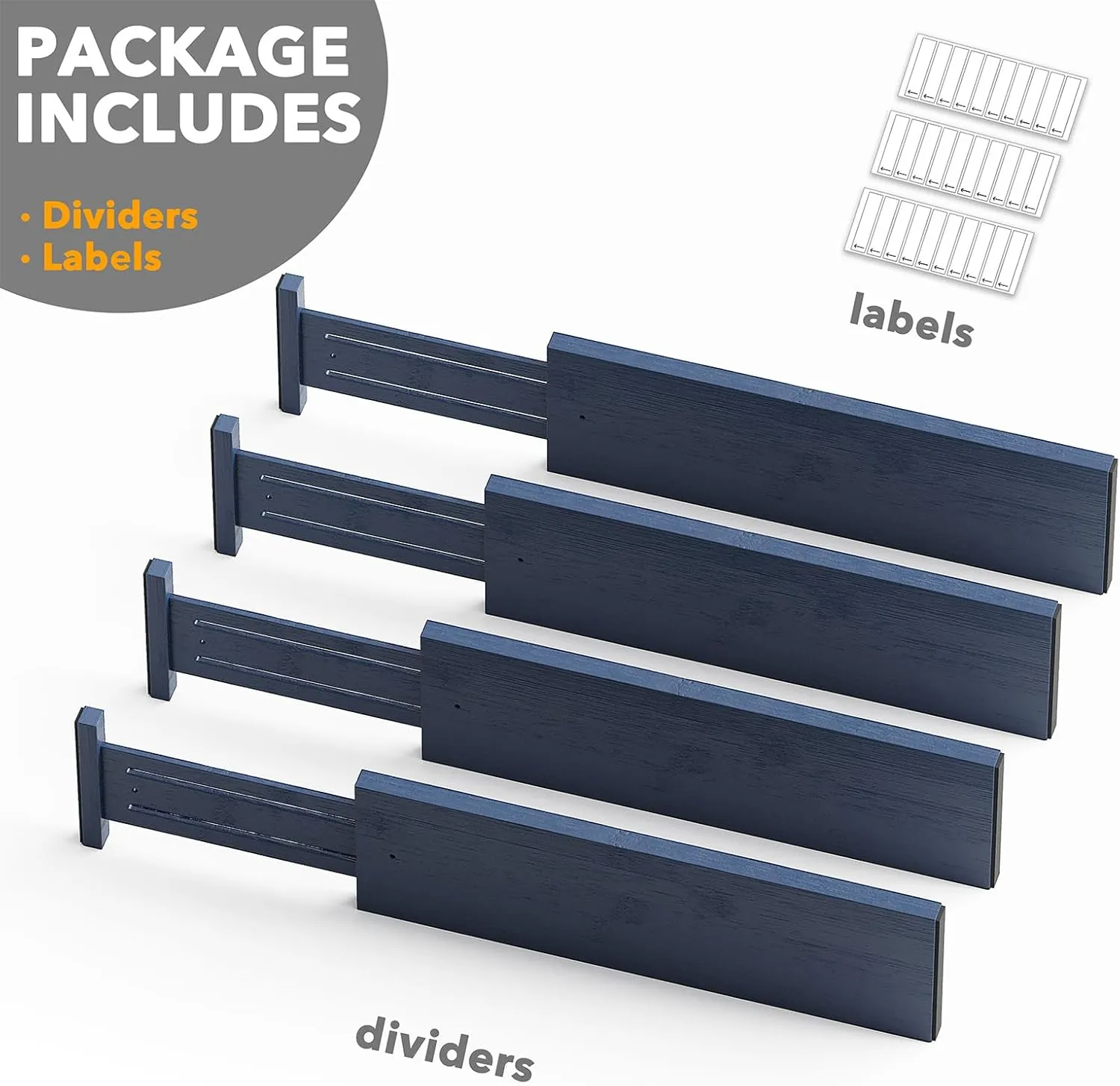SpaceAid Bamboo 4 Pack Dresser Drawer Dividers, 4.65“ High Adjustable 17“-22” Drawer Organizers, Expandable Organization for Clothing, Clothes, Dressers, Navy Blue