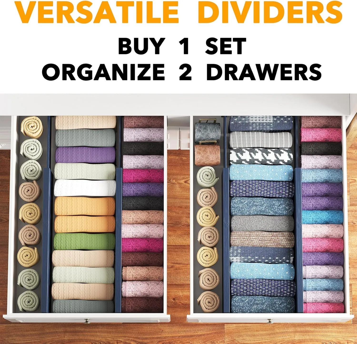 SpaceAid Bamboo 4 Pack Dresser Drawer Dividers, 4.65“ High Adjustable 17“-22” Drawer Organizers, Expandable Organization for Clothing, Clothes, Dressers, Navy Blue