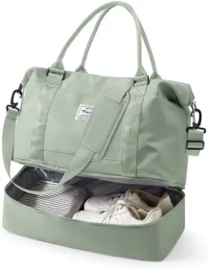 Spirit Travel Duffel - 18x14x8 Inches Weekender Overnight Bag with Shoes Compartment, Trolley Sleeve, Carry On for Airplanes, Sport Tote Gym Bag in BeigeGreen