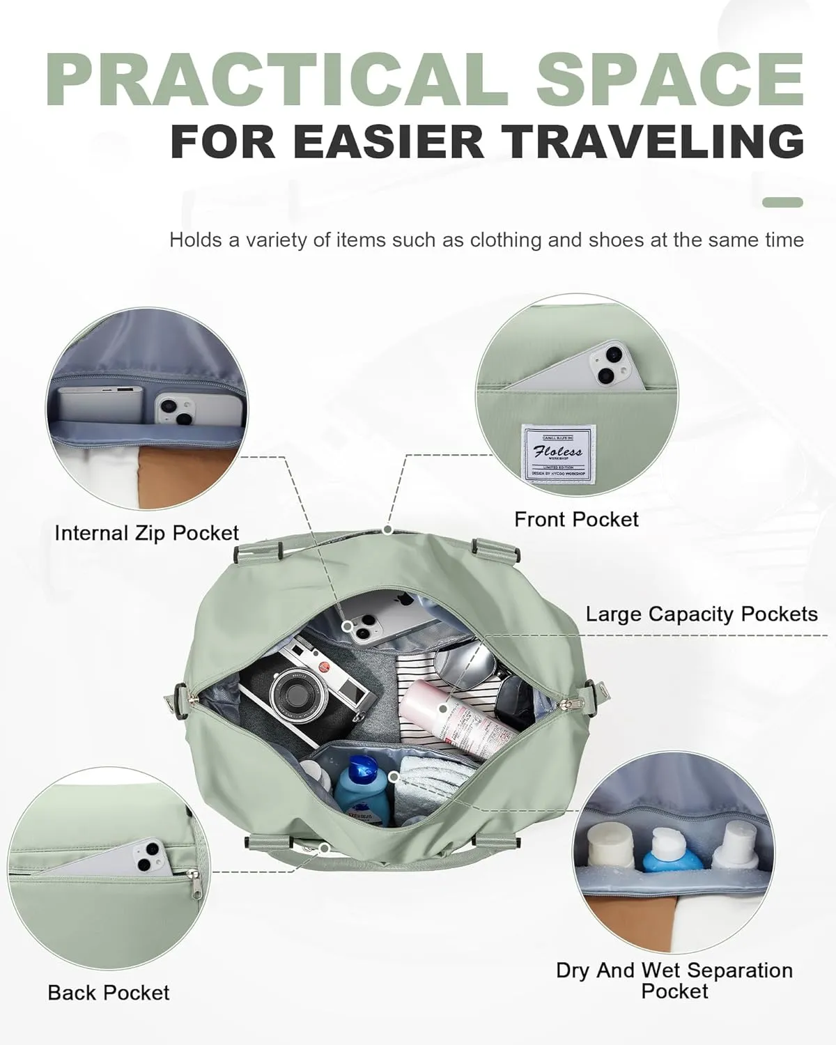 Spirit Travel Duffel - 18x14x8 Inches Weekender Overnight Bag with Shoes Compartment, Trolley Sleeve, Carry On for Airplanes, Sport Tote Gym Bag in BeigeGreen