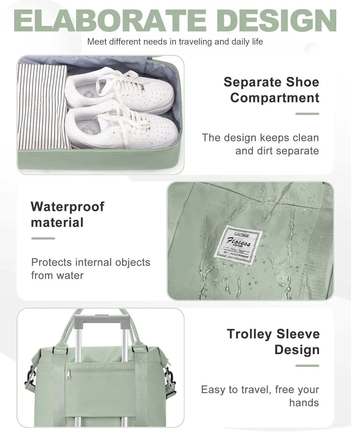 Spirit Travel Duffel - 18x14x8 Inches Weekender Overnight Bag with Shoes Compartment, Trolley Sleeve, Carry On for Airplanes, Sport Tote Gym Bag in BeigeGreen