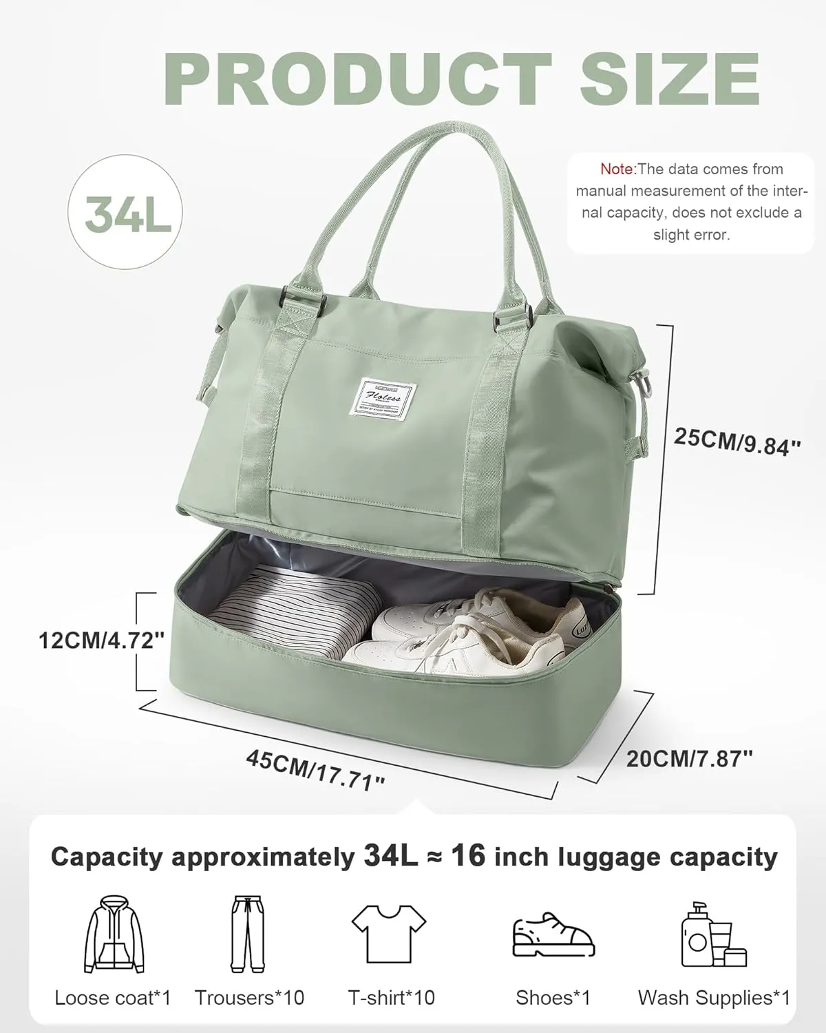 Spirit Travel Duffel - 18x14x8 Inches Weekender Overnight Bag with Shoes Compartment, Trolley Sleeve, Carry On for Airplanes, Sport Tote Gym Bag in BeigeGreen