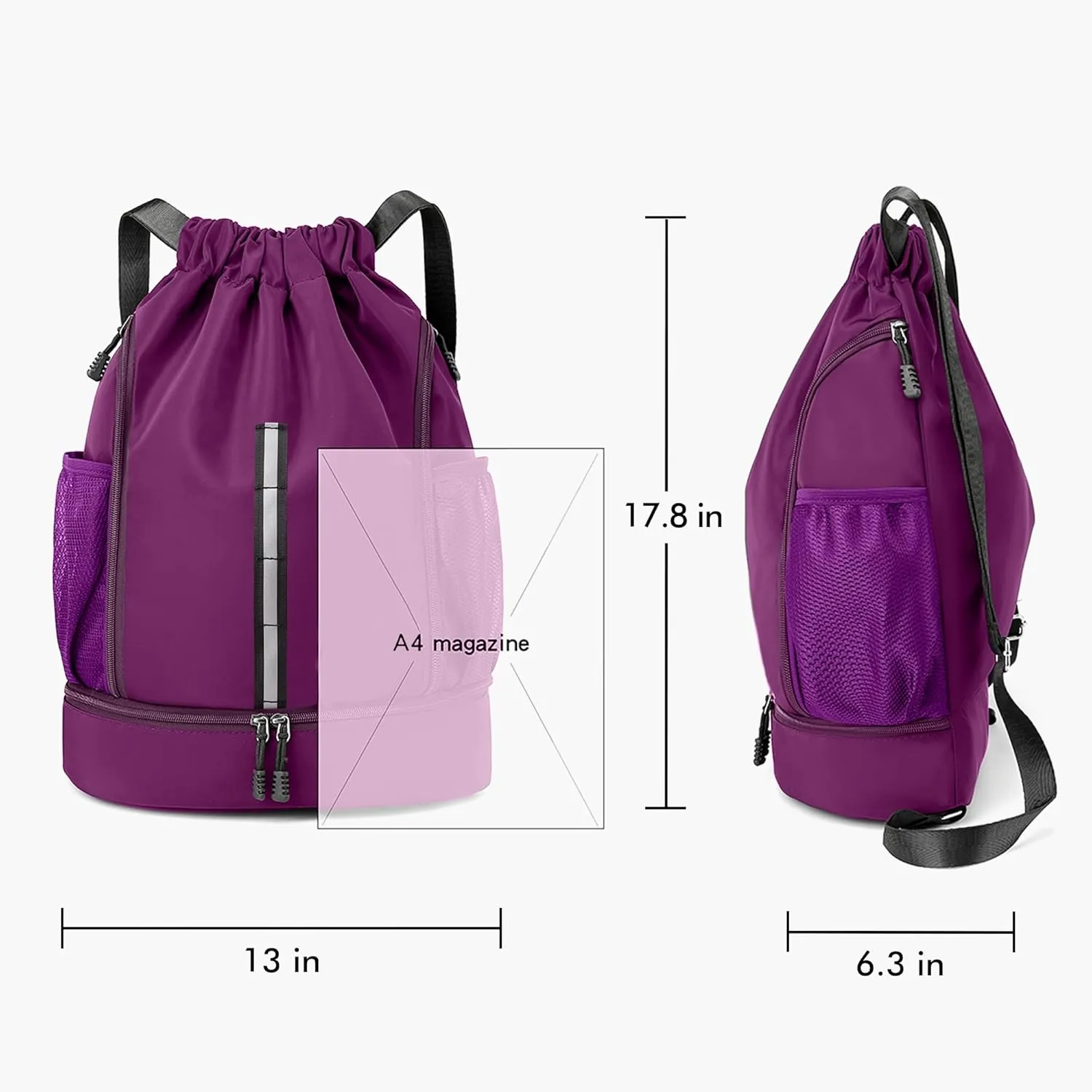 Sport Gym Bag Water Resistant Drawstring Backpack for Men Women with Shoes Compartment (Purple)
