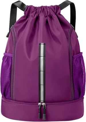 Sport Gym Bag Water Resistant Drawstring Backpack for Men Women with Shoes Compartment (Purple)