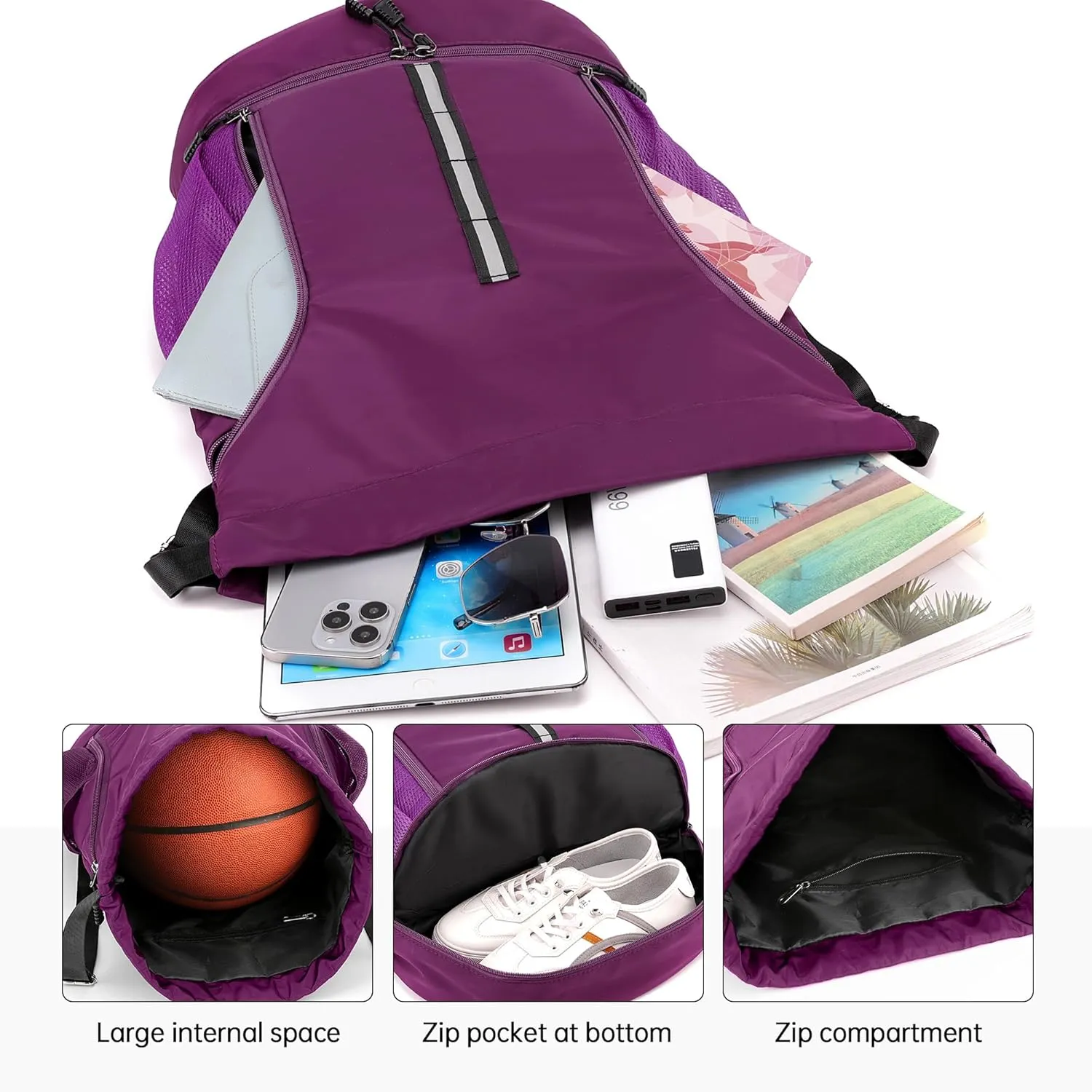 Sport Gym Bag Water Resistant Drawstring Backpack for Men Women with Shoes Compartment (Purple)
