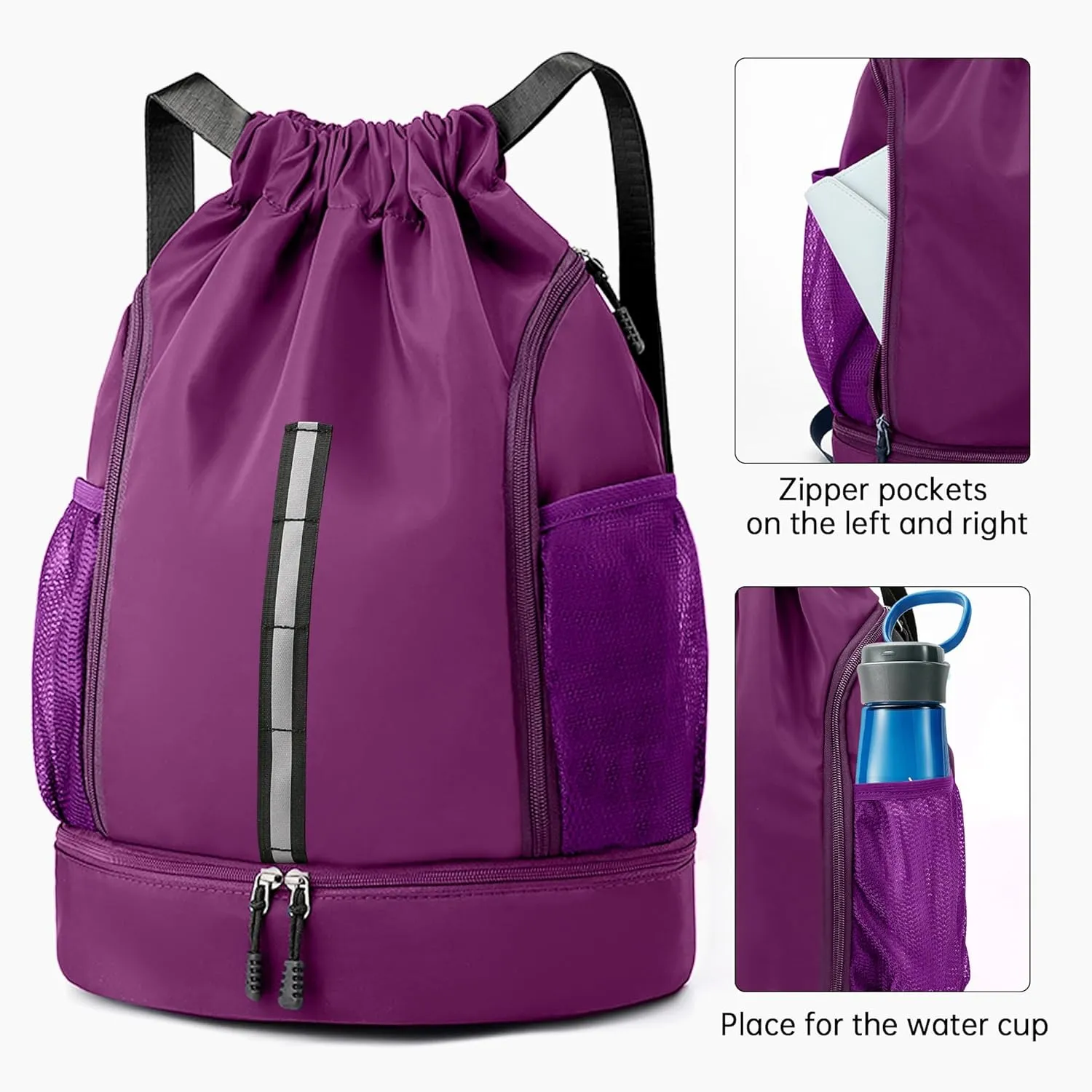 Sport Gym Bag Water Resistant Drawstring Backpack for Men Women with Shoes Compartment (Purple)