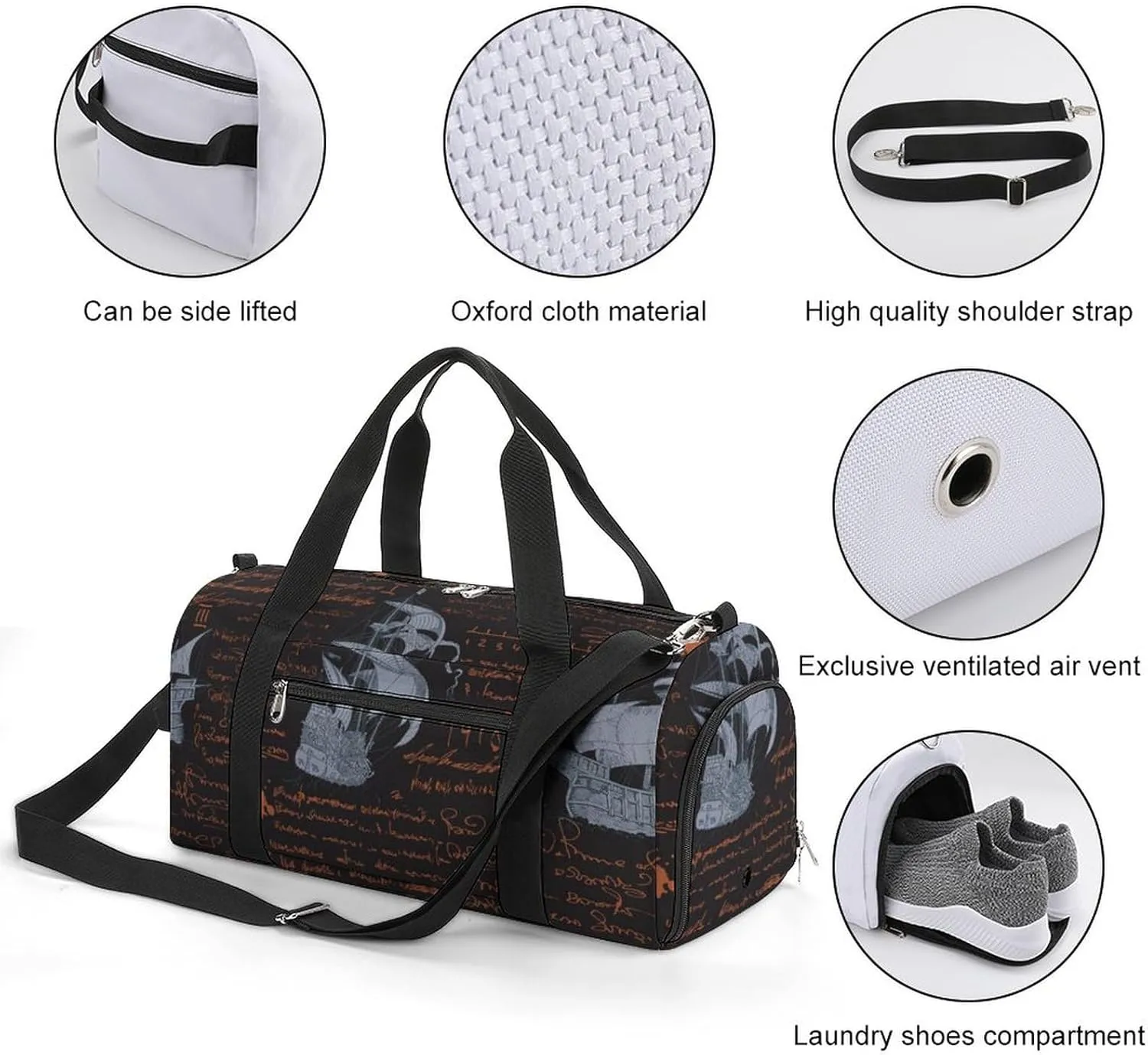 Sport Gym Duffel with Shoe Compartment Wet Pocket, Medieval-nautical-style Shoulder Travel Bag for Women Men