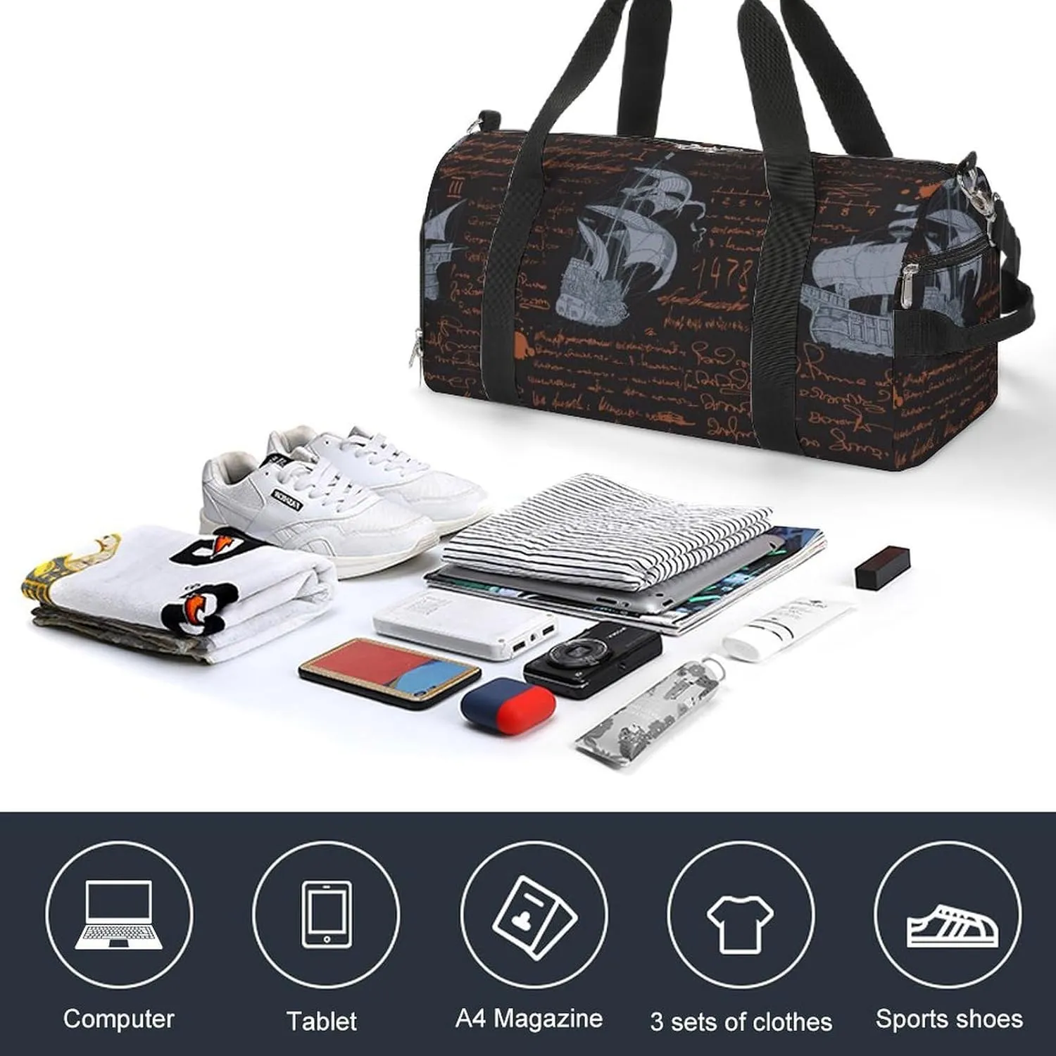 Sport Gym Duffel with Shoe Compartment Wet Pocket, Medieval-nautical-style Shoulder Travel Bag for Women Men