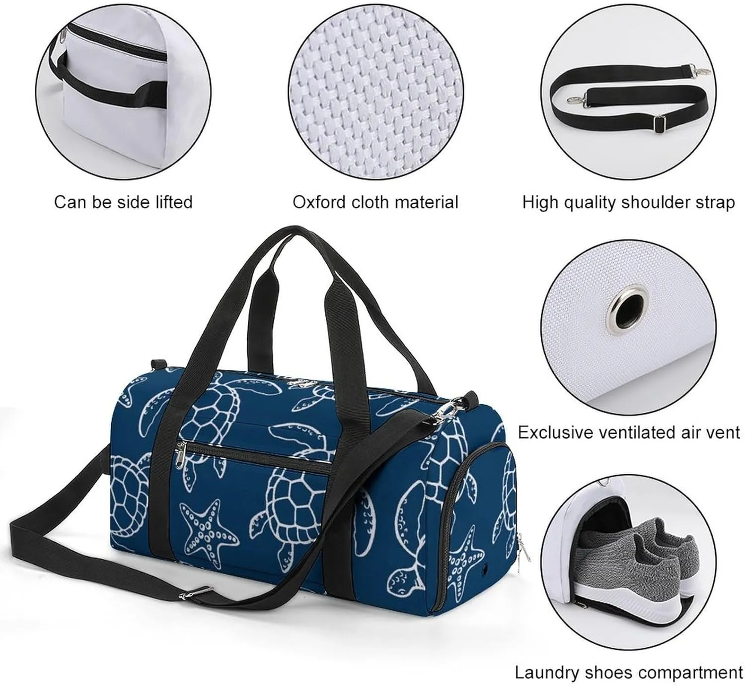 Sport Gym Duffel with Shoe Compartment Wet Pocket, Sea-turtle-blue-print Shoulder Travel Bag for Women Men