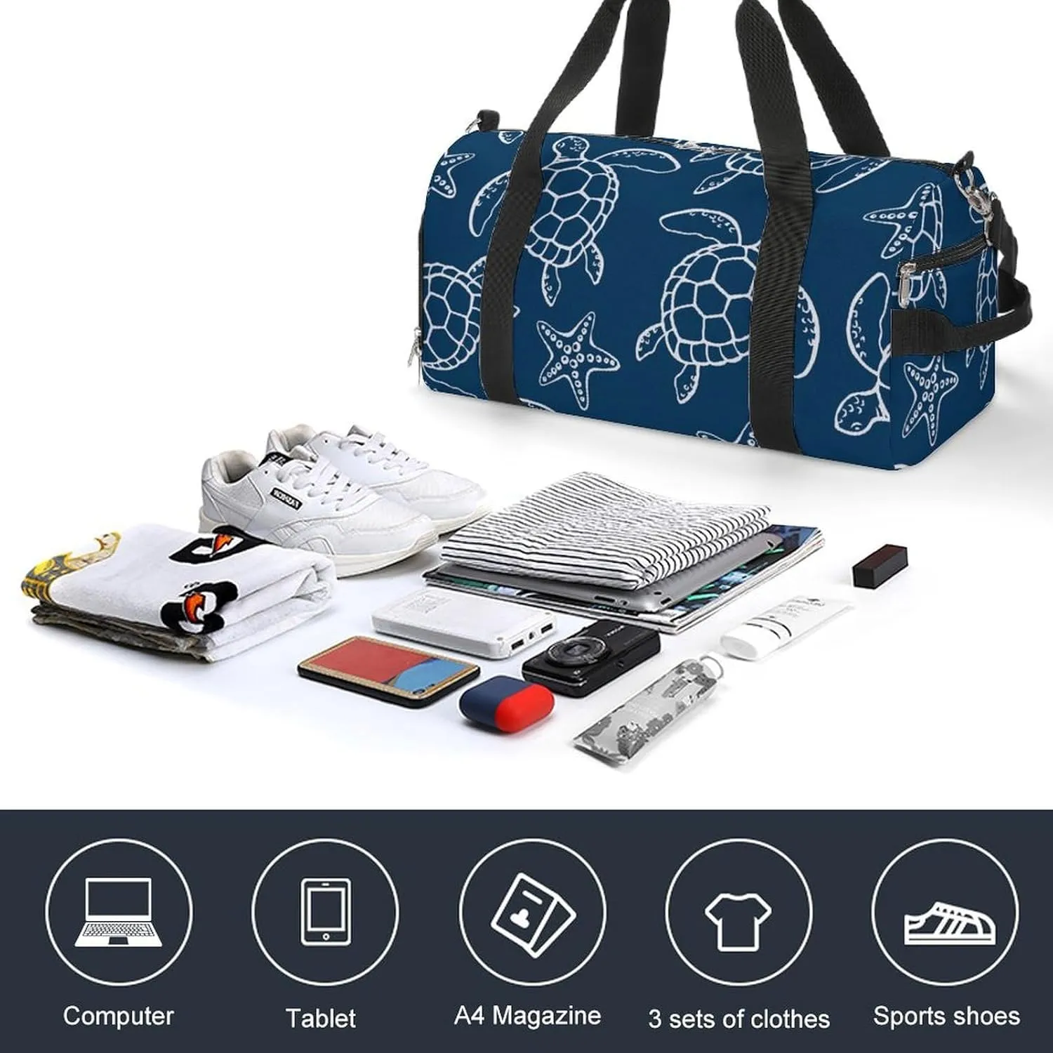 Sport Gym Duffel with Shoe Compartment Wet Pocket, Sea-turtle-blue-print Shoulder Travel Bag for Women Men