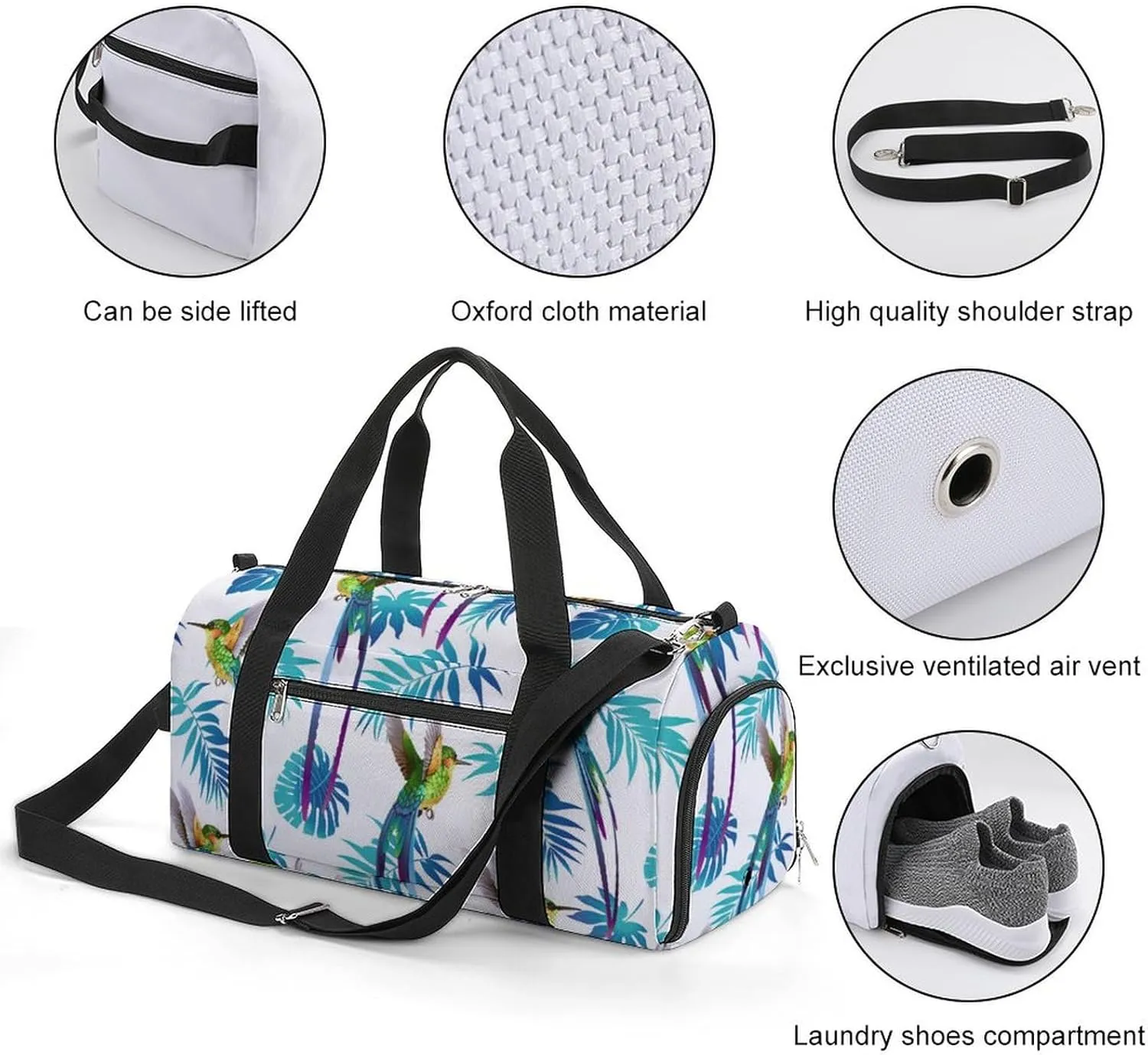 Sport Gym Duffel with Shoe Compartment Wet Pocket, Tropical-flowers-hummingbird Shoulder Travel Bag for Women Men